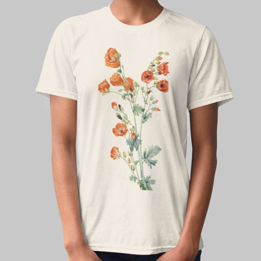 Scarlet Globe Mallow VTG Floral Print Short Sleeve Graphic Tee T-shirt S M L XL
